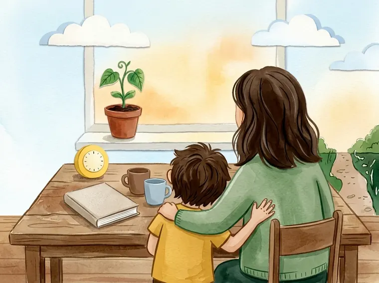 Ilustração: adulto e criança, de costas, à mesa no fim da tarde, com um timer de cozinha amarelo.
