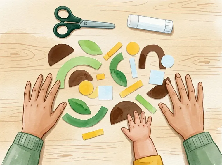 Ilustração vista de cima: mãos de adulto e uma mão pequena montam letras com tiras, arcos e círculos de papel.