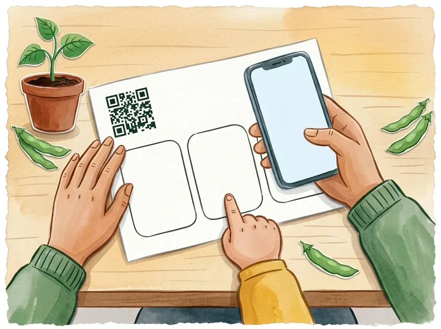 Ilustração: mãos de um adulto seguram o celular sobre a folha da lição com o QR code, e uma mão pequena aponta a caixa do meio.
