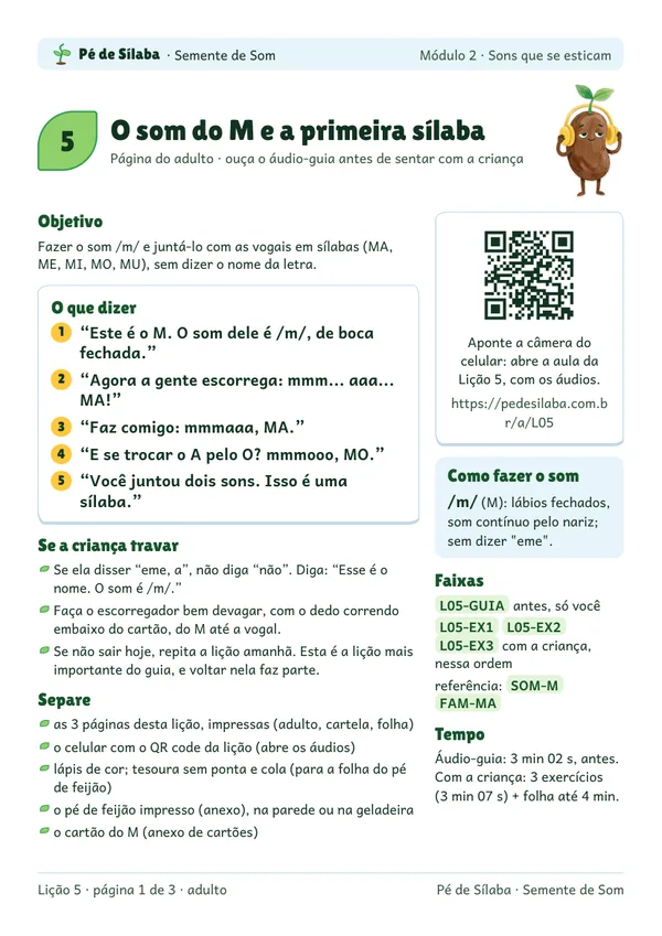 Página do adulto da lição 5, com o roteiro do que dizer em cada passo e o QR code dos áudios.