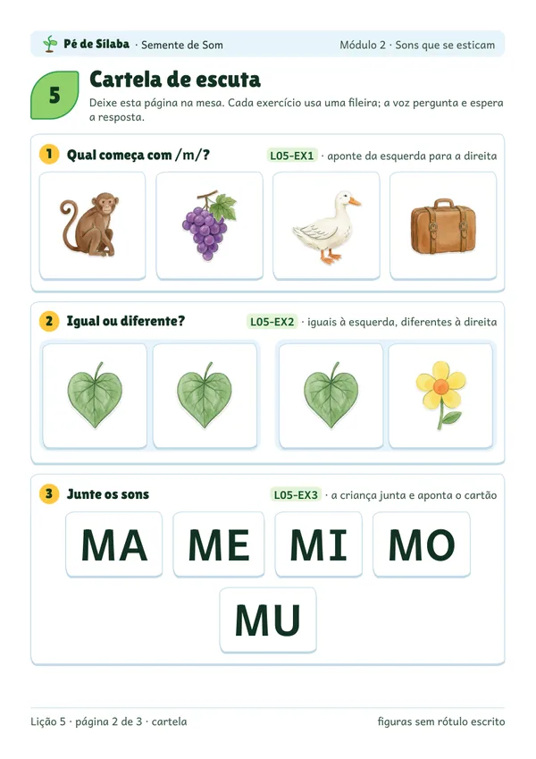 Cartela de escuta da lição 5, com os três exercícios para fazer com a criança.