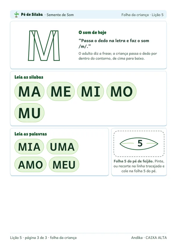 Folha da criança da lição 5, com a letra M e a sílaba em letra grande.